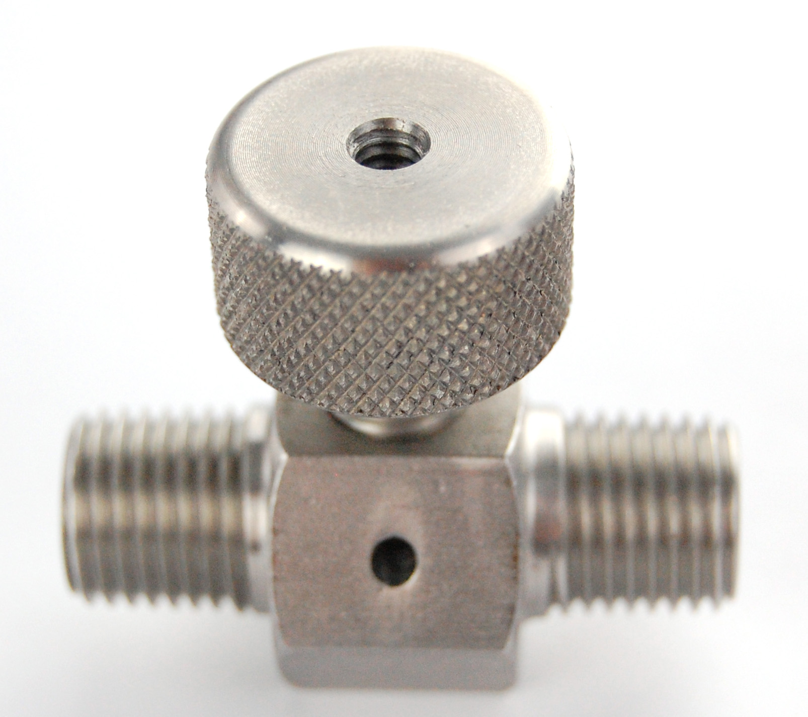 In-line Bleeder, Stainless Steel, 1/4 NPT male in and out. Tapped 